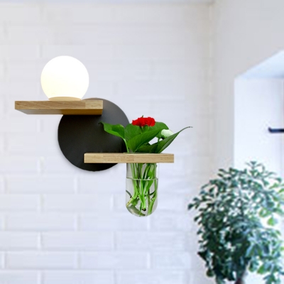Wooden Orb Sconce Light Industrial 1 Head Bedroom LED Wall Lighting in Black/White/Green without Plant, Left/Right