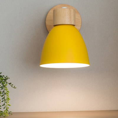 Yellow Bowl Sconce Light Modernist 1 Head Metal Wall Mount Lamp with Circle Wood Backplate