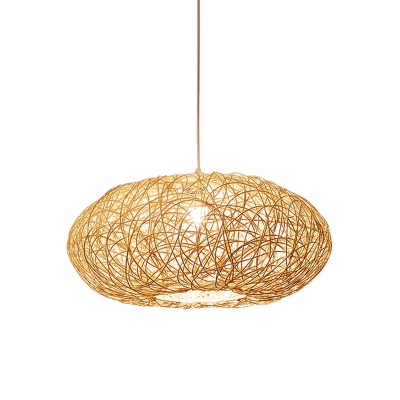 1 Bulb Teahouse Ceiling Lamp Asia Beige Pendant Light Fixture with Handwoven Bamboo Shade