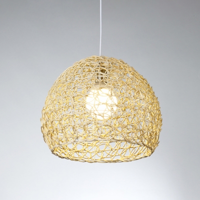 1 Head Restaurant Pendant Lamp Asia Beige Ceiling Hanging Light with Basket Bamboo Shade