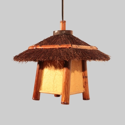 1 Head Teahouse Pendant Lighting Asia Brown Hanging Ceiling Light with Tower Wood Shade