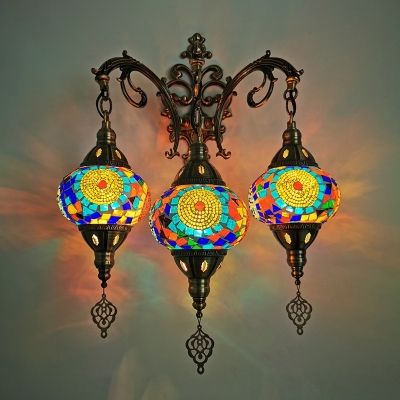 3 Heads Oval Wall Mount Lighting Vintage Style White/Red/Yellow Stained Glass Sconce Lamp Fixture
