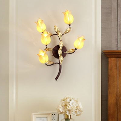5 Bulbs Wall Light Sconce Traditional Bedroom LED Wall Lighting Fixture with Floral Frosted Glass Shade in Brass