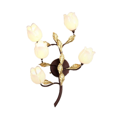 5 Bulbs Wall Light Sconce Traditional Bedroom LED Wall Lighting Fixture with Floral Frosted Glass Shade in Brass