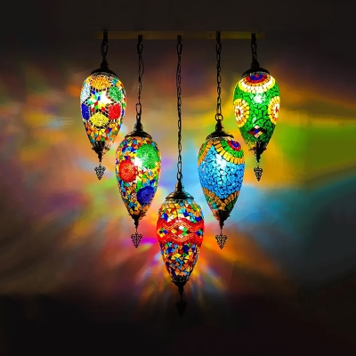 5 Heads Cluster Pendant Light Traditional Teardrop Red/Yellow/Orange Stained Glass Hanging Ceiling Lamp