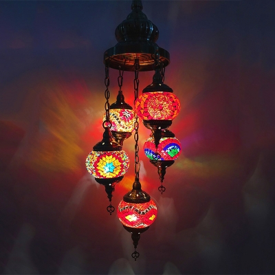 5 Lights Oval Chandelier Lighting Art Deco White/Orange/Blue Stained Glass Hanging Lamp Kit