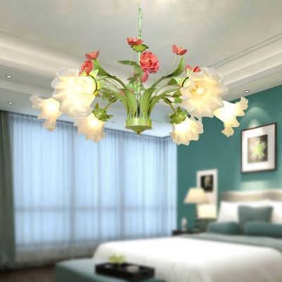 6 Bulbs Scallop Pendant Lamp Traditionalism Green Frosted Glass Chandelier Light Fixture for Living Room