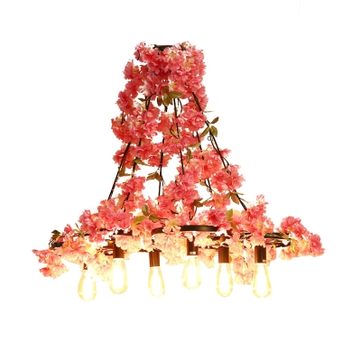 6 Heads Flower Ceiling Chandelier with Bare Bulb Metal Industrial Restaurant LED Pendant Light in Pink