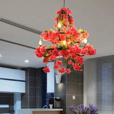 7 Bulbs Metal Chandelier Lighting Retro Rose Red Cherry Blossom Restaurant LED Hanging Ceiling Light