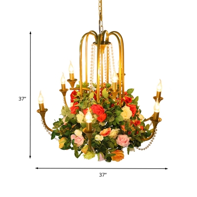 9 Bulbs Candle Pendant Chandelier Industrial Gold Metal LED Suspension Lighting Fixture with Rose Decoration