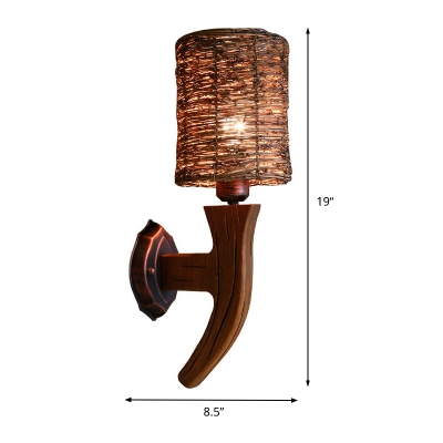 Armed Wood Sconce Light Chinese 1 Bulb Brown Wall Mounted Lamp with Tubular Rattan Shade