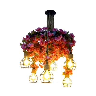 Bare Bulb Metal Chandelier Lighting Industrial 6 Lights Restaurant LED Ceiling Lamp in Pink with Cherry Blossom