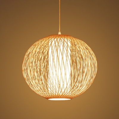 Beige Globe Pendant Lamp Asia 1 Head Bamboo Hanging Light Fixture with Inner Cylinder White Fabric Shade