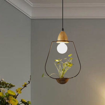 Black/White 1 Head Hanging Ceiling Light with Plant Deco Industrial Metal Oval/Rectangle/Urn Pendant Lighting