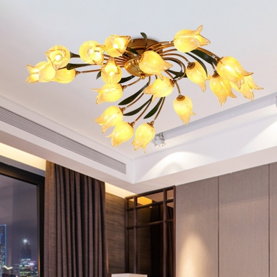 Brass 18 Heads Semi Flush Light Antique Metal Spiral LED Ceiling Fixture with Frosted Glass Shade