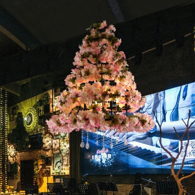 Cherry Blossom Restaurant Chandelier Light Industrial 6 Bulbs LED Pink Hanging Lamp