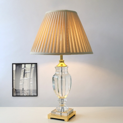 Cone Fabric Table Light Retro Single Bulb Dining Room Nightstand Lamp in Beige with Crystal Accent