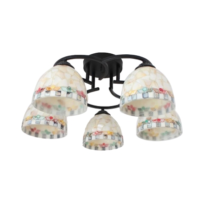 Dome Semi Flush Light Tiffany Style Stained Glass 5 Lights Beige/Yellow Ceiling Fixture for Living Room