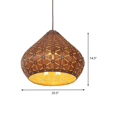Droplet Pendant Lighting Chinese Wood 1 Bulb Ceiling Suspension Lamp in Brown for Bedroom