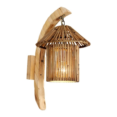 House Wall Lighting Japanese Bamboo 1 Bulb Wood Sconce Light Fixture with Curved Arm