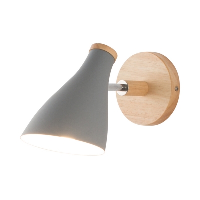 Metal Shaded Wall Ligting Modern 1 Bulb Grey Sconce Light Fixture with Round Wood Backplate