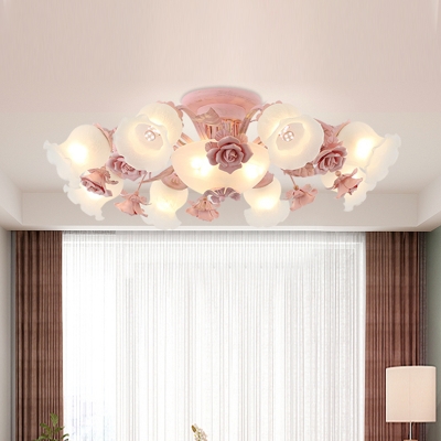 Milk Glass Blossom Ceiling Lighting Traditional 5/7/11 Heads Bedroom Semi Flush Mount Light Fixture in Pink/Blue