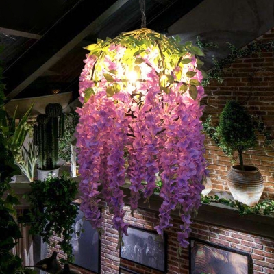 Orb Metal Chandelier Pendant Light Antique 4 Lights Restaurant Suspension Lamp in Purple with Flower Decoration
