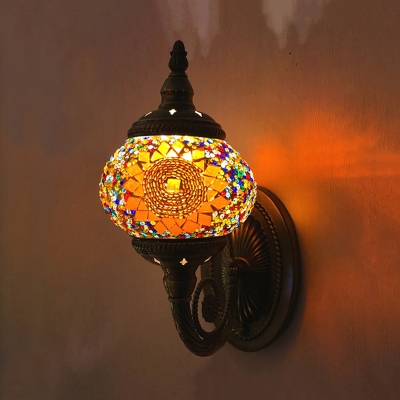 Oval Corridor Wall Light Fixture Art Deco Red/Orange/Blue Stained Glass 1 Bulb Bronze Sconce Lamp