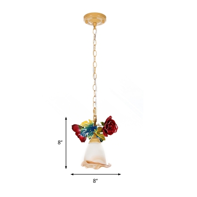 Pastoral Bell Down Lighting 1 Bulb Opal Glass Flower Hanging Pendant Light in Beige for Dining Room