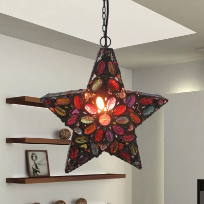Red 1 Bulb Pendant Lamp Traditional Metal Five-pointed Star Suspension Lighting for Living Room