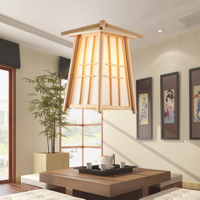 Tapered Pendant Light Chinese Wood 1 Bulb Ceiling Suspension Lamp in Beige for Teahouse