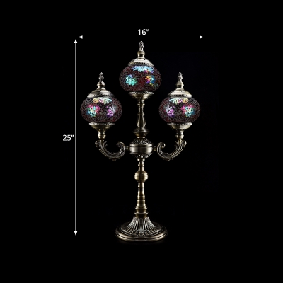 Traditional Globe Table Light 3 Lights Red/Orange/Blue Stained Glass Nightstand Lamp with Fork Design