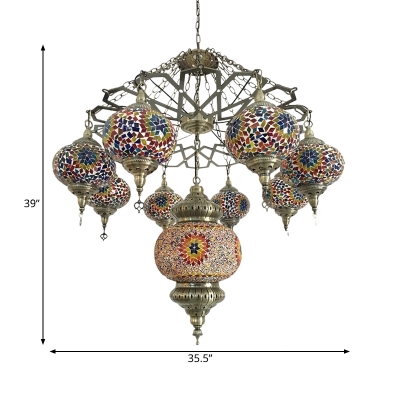 Traditional Oval Chandelier Pendant 9 Heads Blue/Red Stained Glass Hanging Ceiling Light