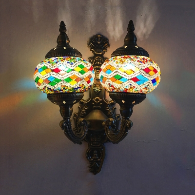 Traditional Oval Wall Sconce Light 2 Heads Stained Glass Wall Mounted Lamp Fixture in White/Yellow/Green for Corridor