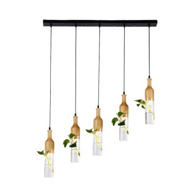 Wood 3/5 Bulbs Cluster Pendant Light Industrial Metal Wine Bottle LED Plant Hanging Lamp with Linear/Round Canopy