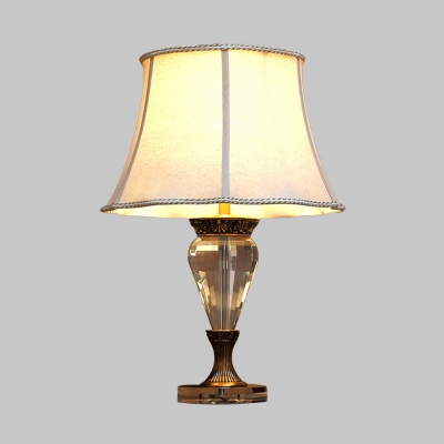 1 Bulb Crystal Night Light Antique Beige Paneled Bell Bedroom Table Lamp with Round Pedestal