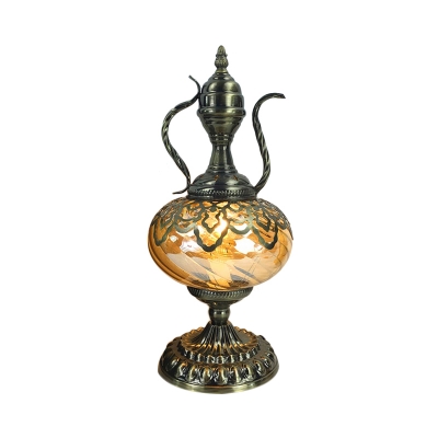 1-Bulb Teapot/Incense Burner Table Lamp Art Deco Brass Metal Night Light with Amber Glass Shade, 14