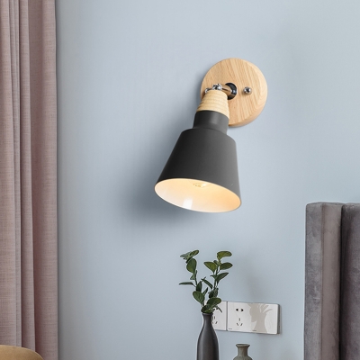 1 Head Conical Wall Lighting Modernist Metal Sconce Light Fixture in Grey/Black with Circular Wood Backplate