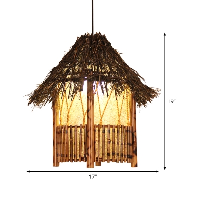 1 Head Handcrafted Pendant Lighting Japanese Wood Ceiling Suspension Lamp in Brown