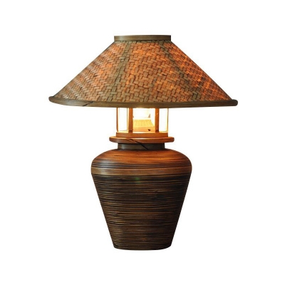 1 Head Living Room Desk Lamp Chinese Brown Task Light with Wide Flare Bamboo Shade