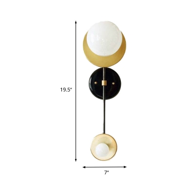 2 Bulbs Round Wall Lighting Modernist Metal Sconce Light Fixture in Gold with White Glass Shade