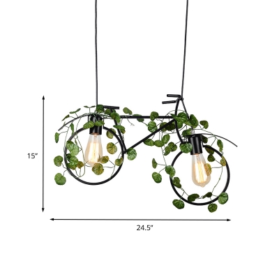 2 Lights Bicycle Island Light Industrial Black Metal Hanging Lamp with Plant Decoration