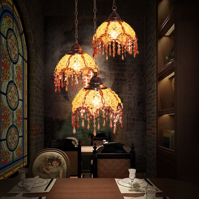 3 Bulbs Scalloped Cluster Pendant Art Deco Yellow Metal Hanging Ceiling Light for Restaurant