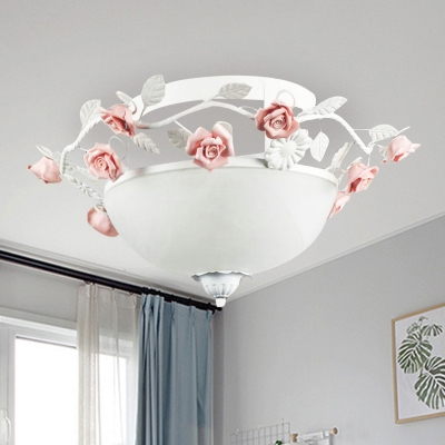 3 Lights White Glass Flush Light Traditional Bowl LED Bedroom Close to Ceiling Lighting
