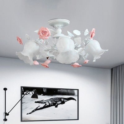 6 Lights White Glass Semi Flush Traditional Flower Living Room Close to Ceiling Lighting
