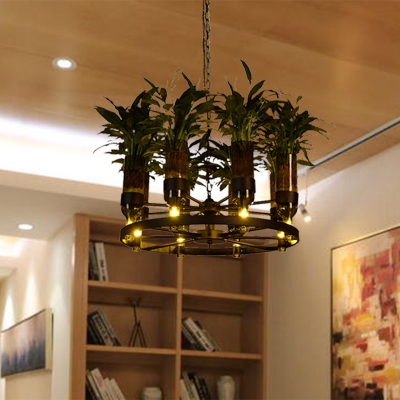 8 Lights Wine Bottle Chandelier Industrial Green Metal LED Plant Pendant Light for Restaurant