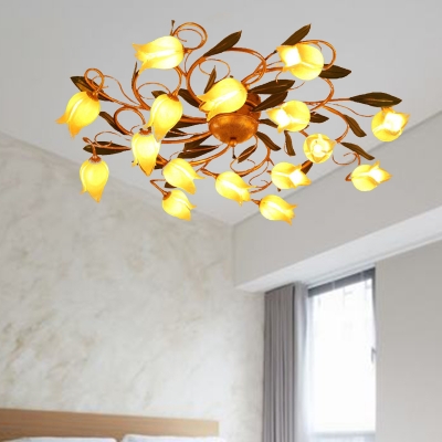 Antique Flower Ceiling Light Fixture 16 Bulbs Metal LED Semi Mount Lighting for Living Room in Brass