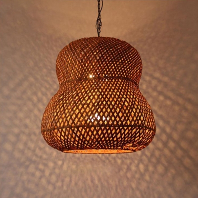 Bamboo Gourd Pendant Lamp Chinese 1 Bulb Suspended Lighting Fixture in Light Coffee