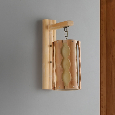 Beige Tube Sconce Asia 1 Bulb Wood Wall Mounted Lighting with Inner Parchment Shade