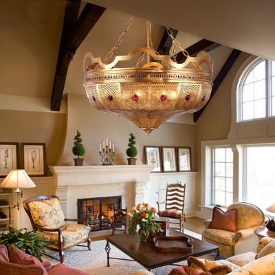 Crown Living Room Flush Light Vintage Metal 6 Bulbs Brass Semi Flush Mount Ceiling Lamp